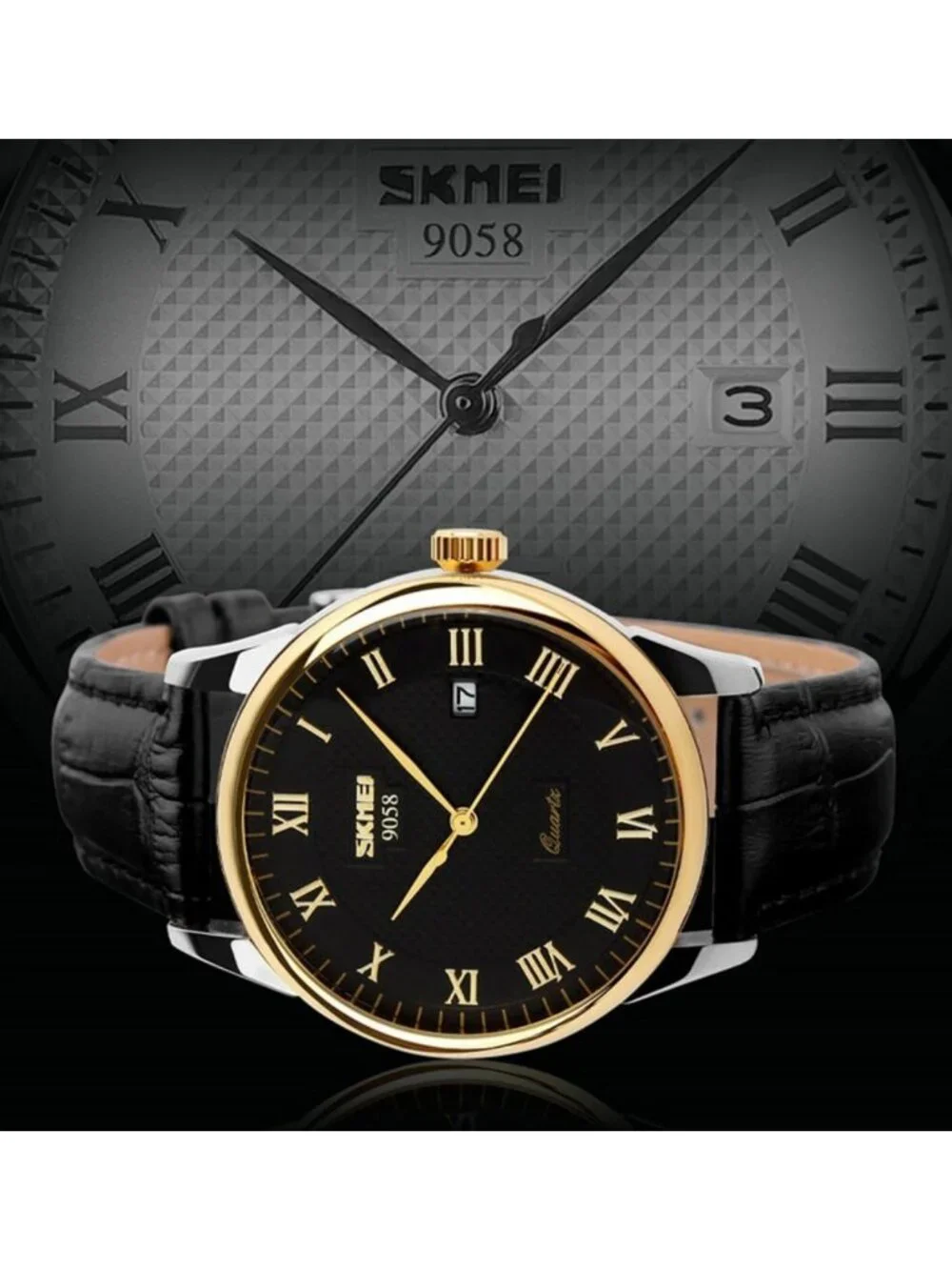 Stylish Men's Quartz Analog Watch with Roman Numerals, Leather Band, Water